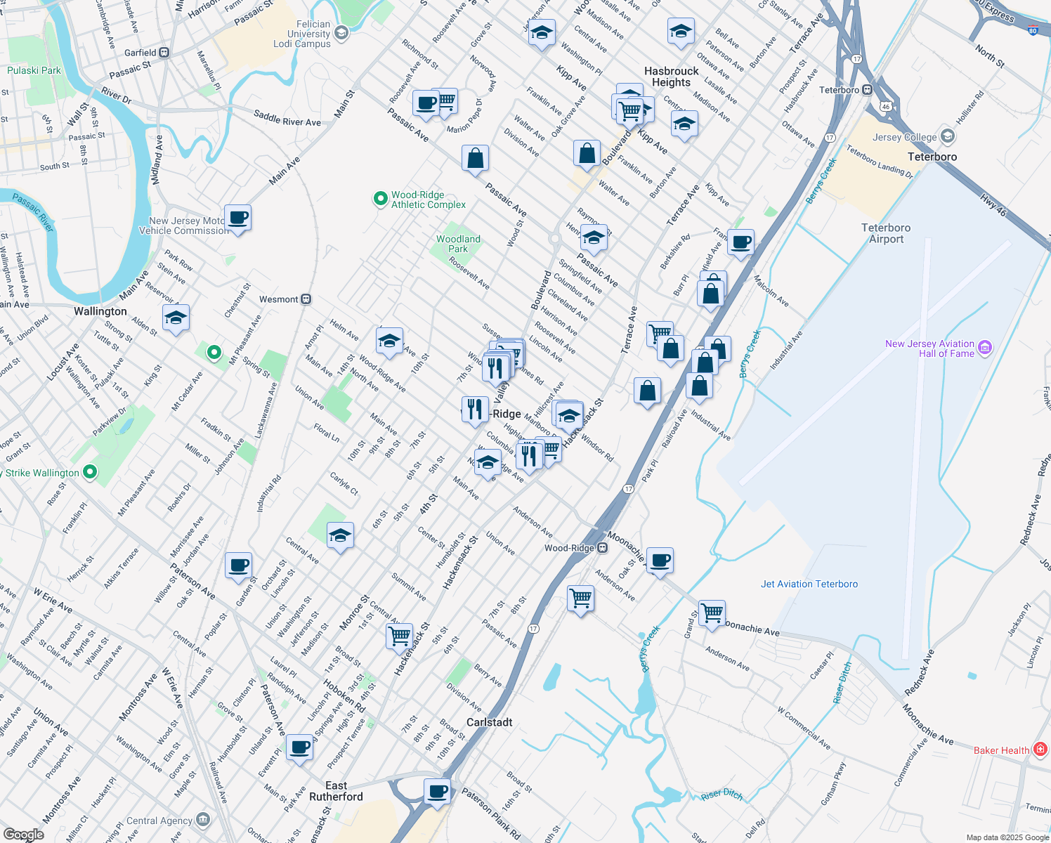 map of restaurants, bars, coffee shops, grocery stores, and more near 243 Hillcrest Avenue in Wood-Ridge