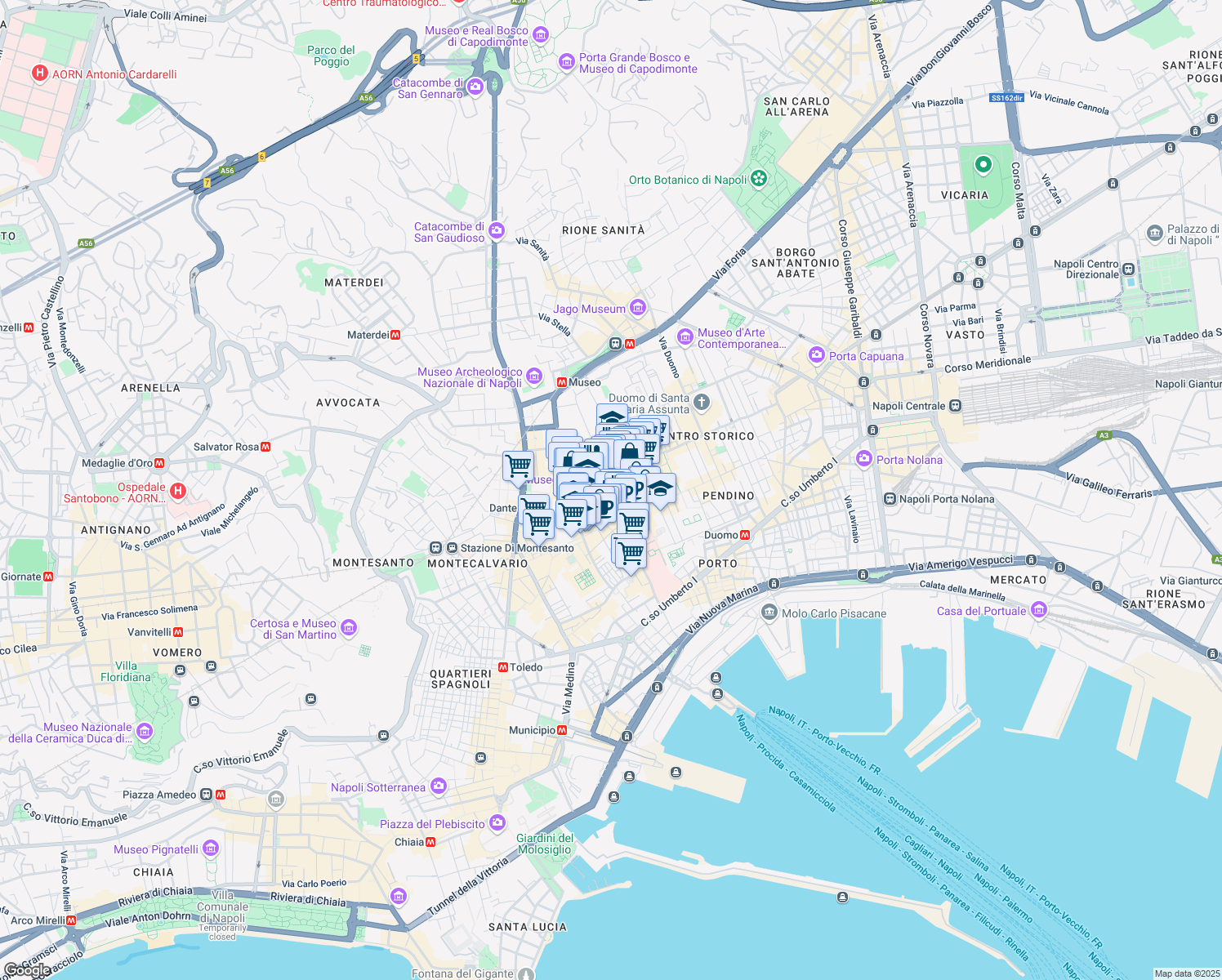 map of restaurants, bars, coffee shops, grocery stores, and more near 24 Vicoletto San Domenico Maggiore in Napoli
