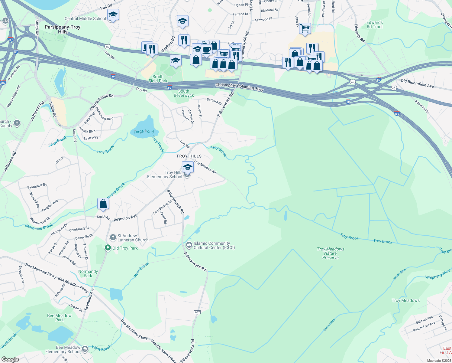 map of restaurants, bars, coffee shops, grocery stores, and more near 39 Parkside Drive in Parsippany-Troy Hills