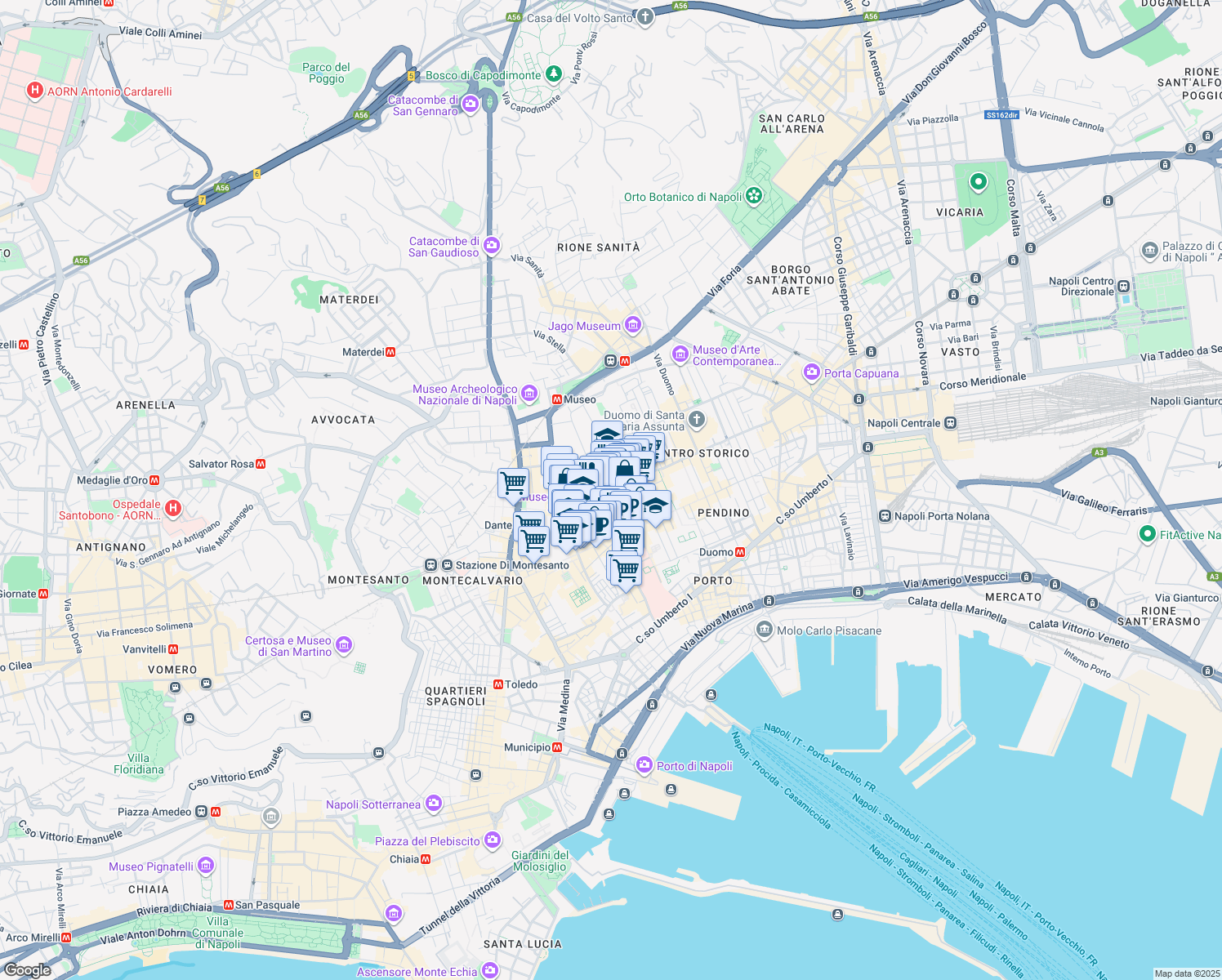 map of restaurants, bars, coffee shops, grocery stores, and more near 394 Piazza Luigi Miraglia in Napoli