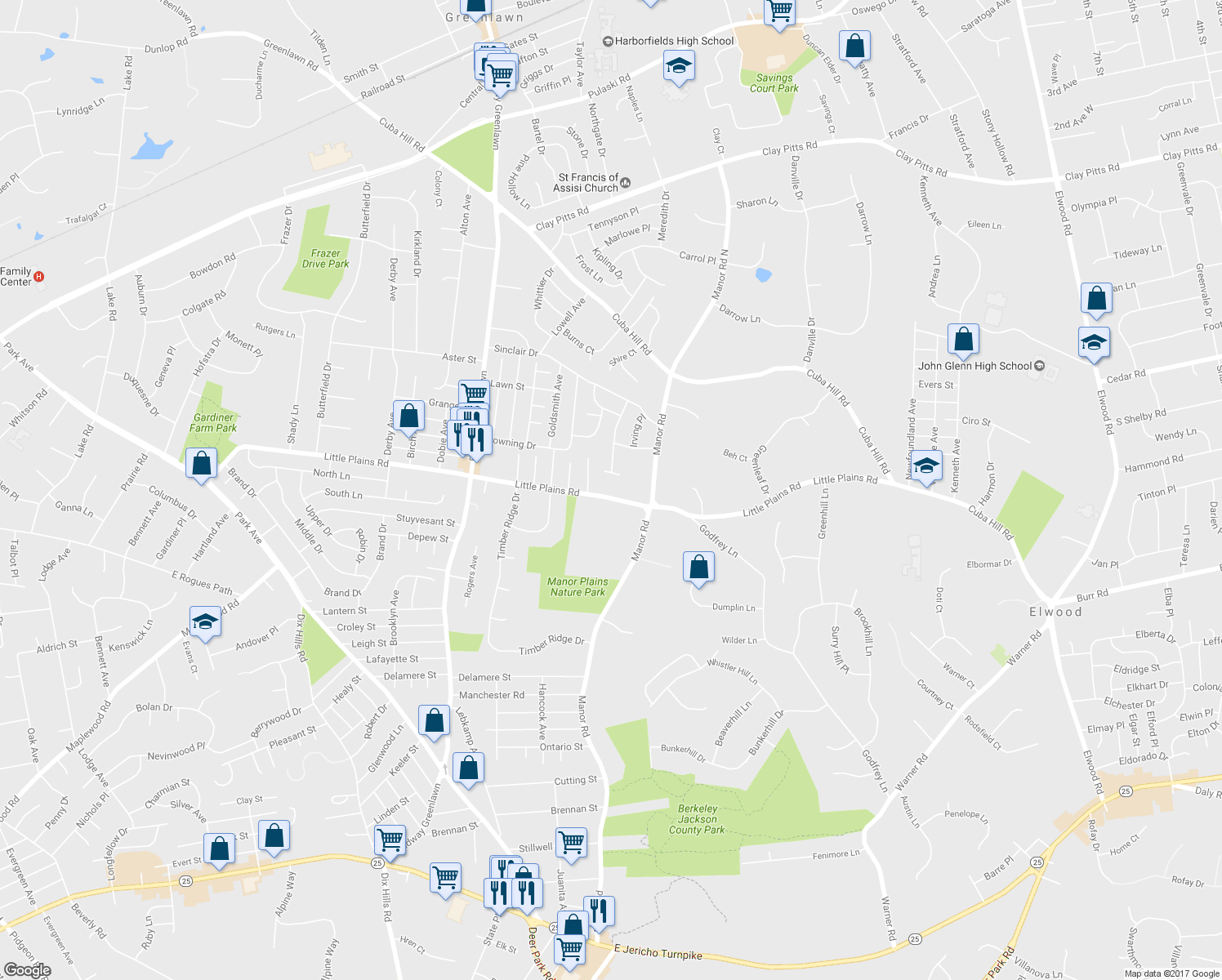 map of restaurants, bars, coffee shops, grocery stores, and more near 203 Little Plains Road in Huntington
