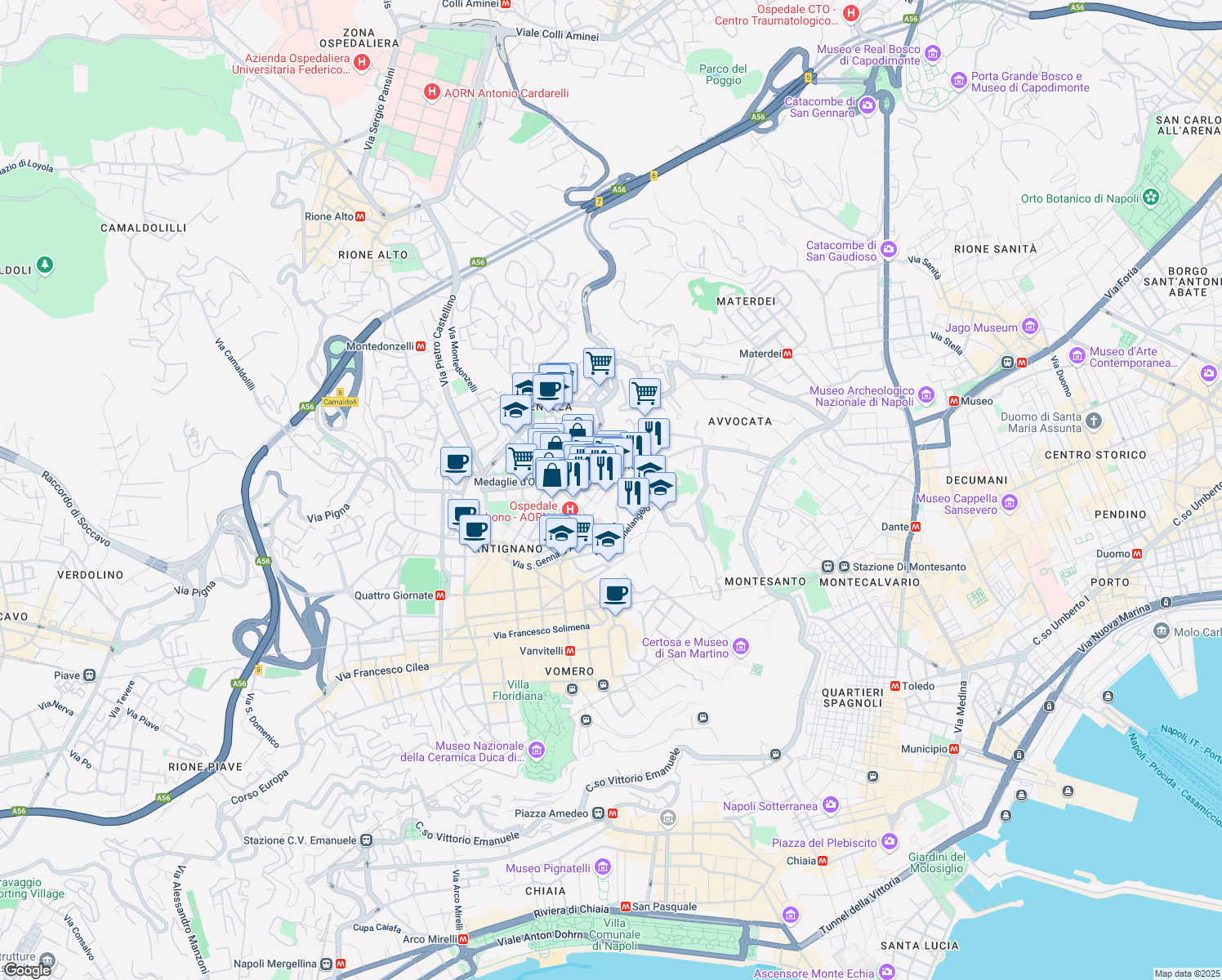 map of restaurants, bars, coffee shops, grocery stores, and more near 25 Piazza dell'Immacolata in Napoli