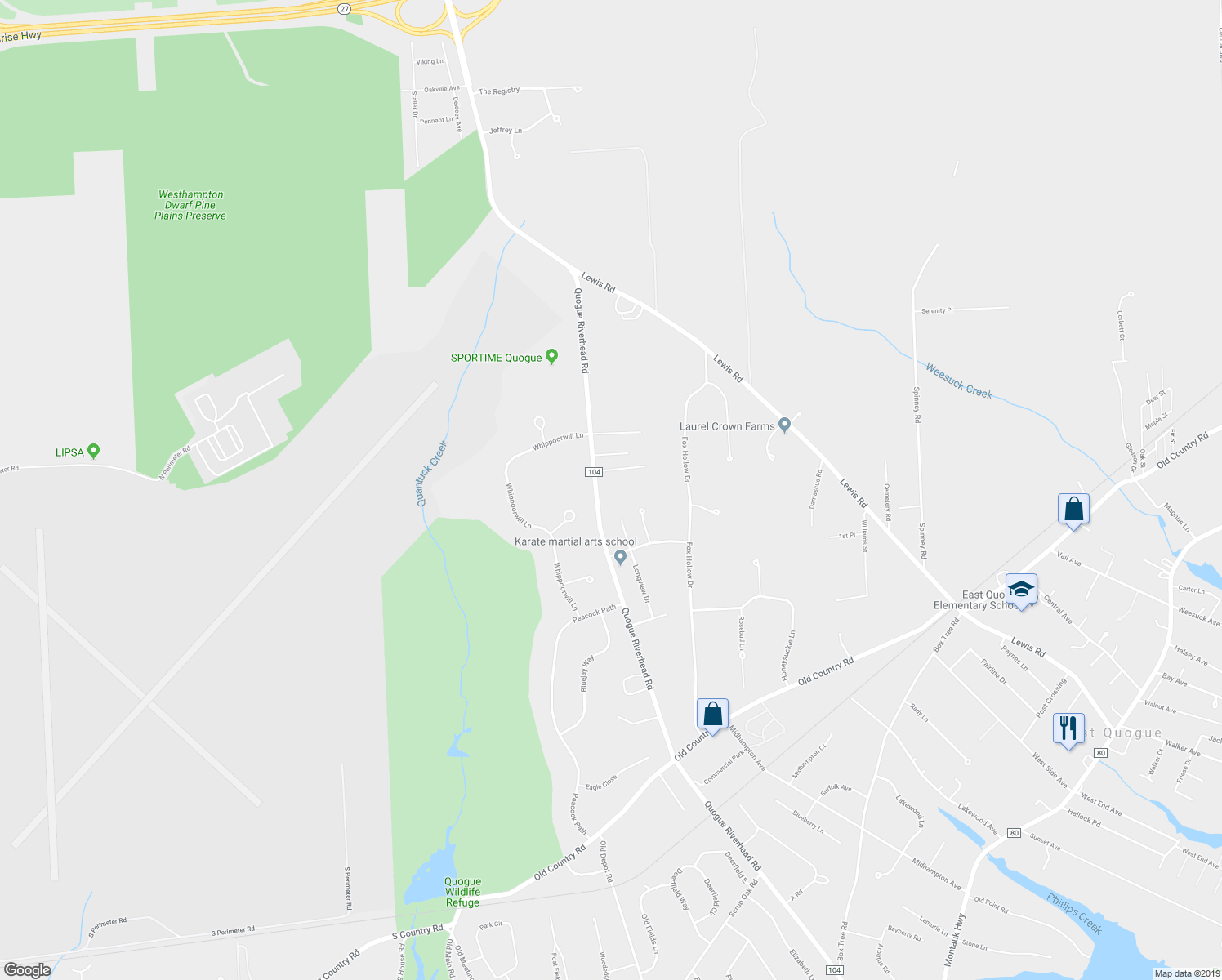 map of restaurants, bars, coffee shops, grocery stores, and more near 2 Longview Drive in East Quogue