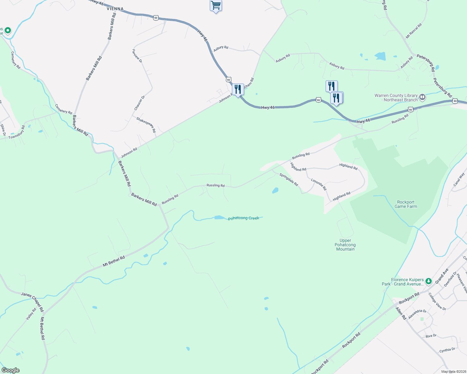 map of restaurants, bars, coffee shops, grocery stores, and more near 88 Russling Road in Hackettstown