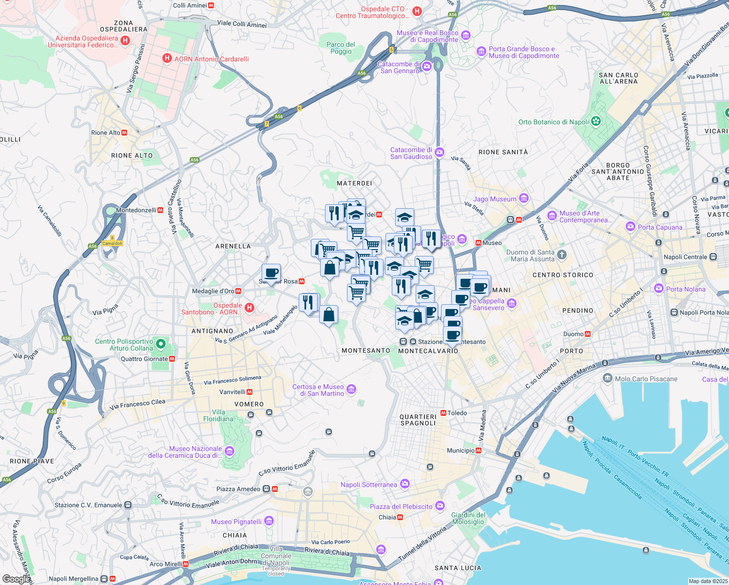 map of restaurants, bars, coffee shops, grocery stores, and more near 266 Piazza Giuseppe Mazzini in Napoli