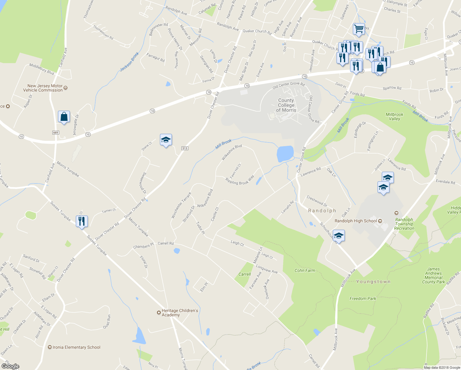 map of restaurants, bars, coffee shops, grocery stores, and more near 21 Rippling Brook Way in Randolph