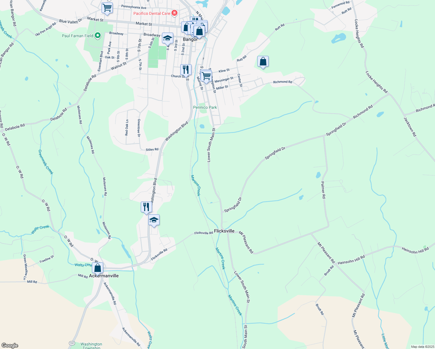 map of restaurants, bars, coffee shops, grocery stores, and more near 961 Lower South Main St in Bangor