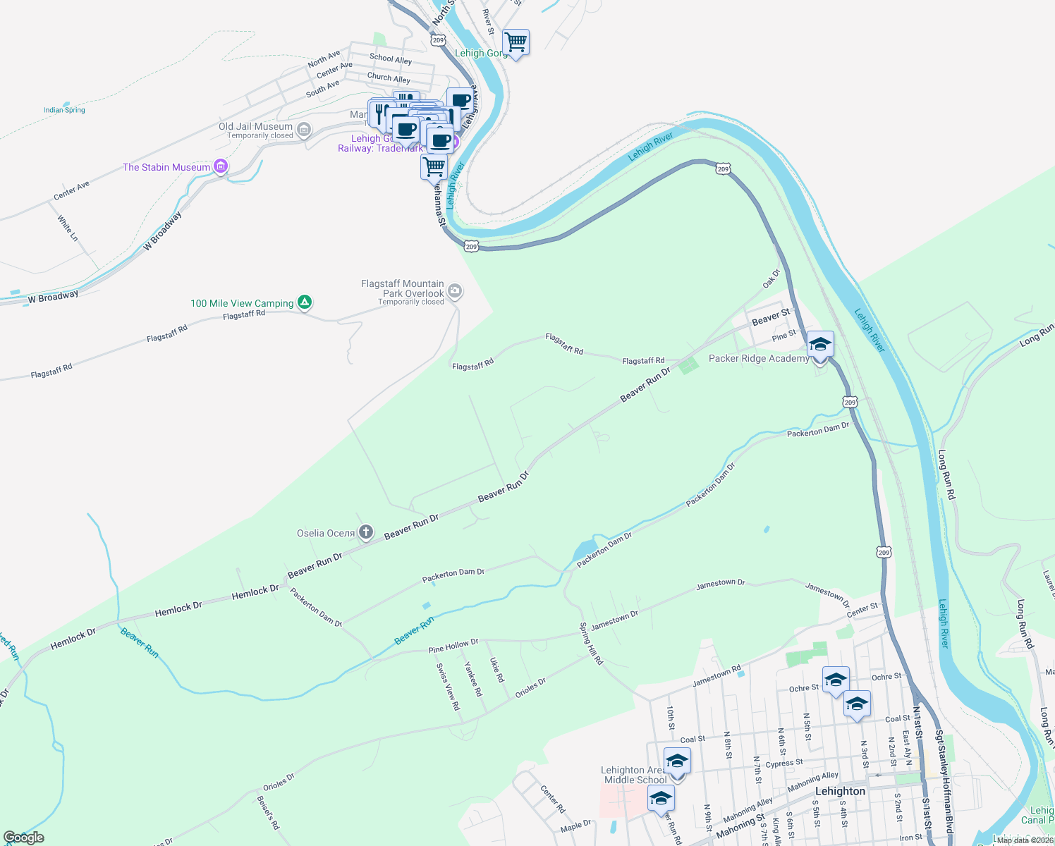 map of restaurants, bars, coffee shops, grocery stores, and more near 182 Dowbush Rd in Lehighton