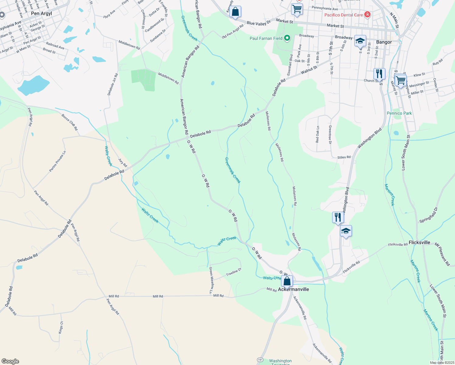 map of restaurants, bars, coffee shops, grocery stores, and more near 405 O. W. Road in Bangor