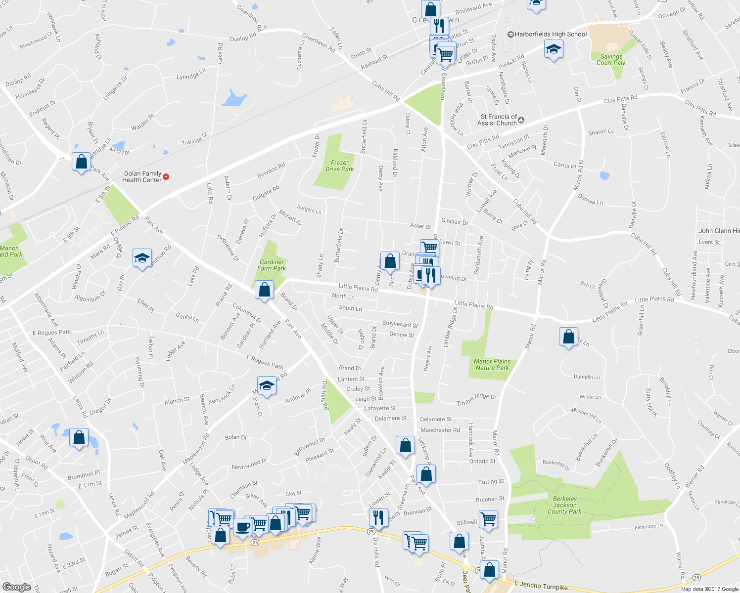 map of restaurants, bars, coffee shops, grocery stores, and more near 39 North Lane in Huntington