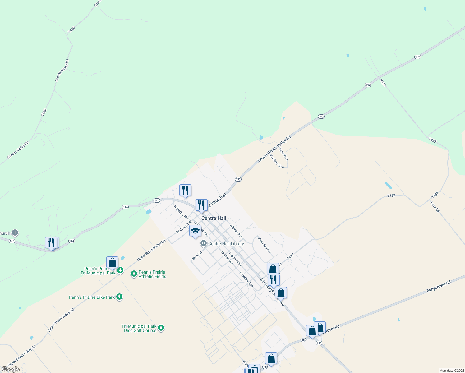 map of restaurants, bars, coffee shops, grocery stores, and more near Lower Brush Valley Road in Centre Hall