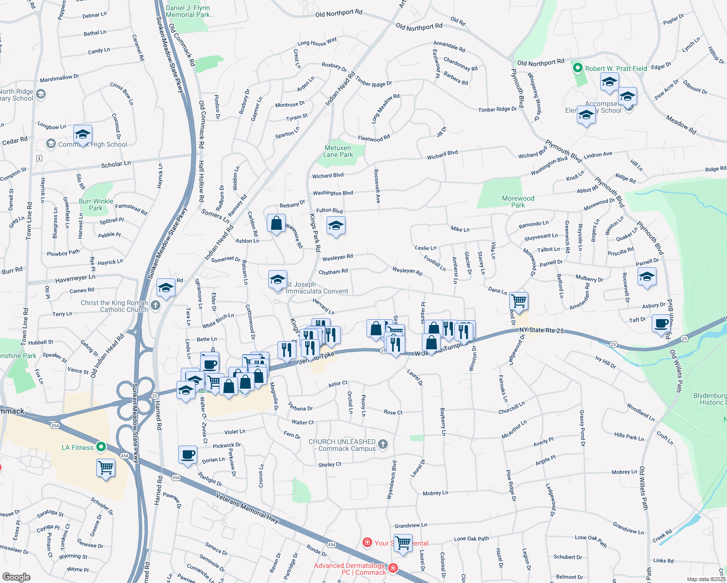 map of restaurants, bars, coffee shops, grocery stores, and more near 127 Cornell Drive in Commack