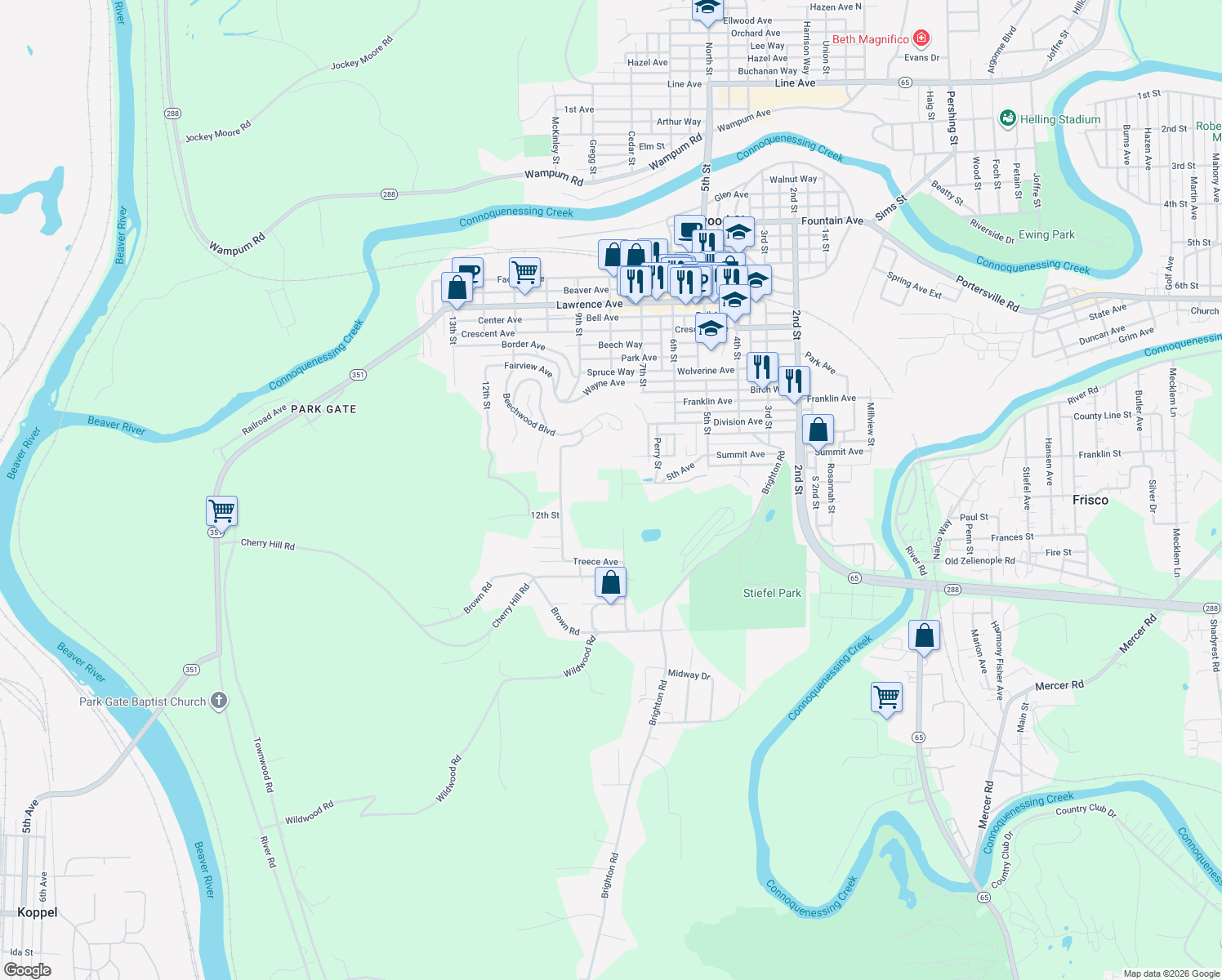 map of restaurants, bars, coffee shops, grocery stores, and more near 1222 Davidson St in Ellwood City