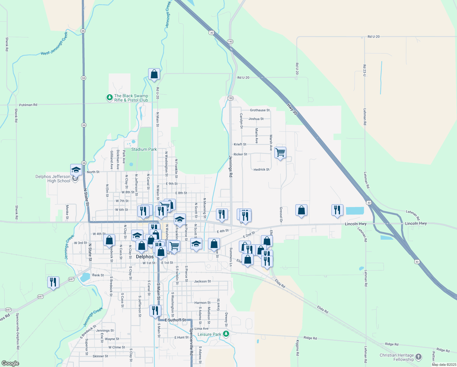 map of restaurants, bars, coffee shops, grocery stores, and more near 901 FT Jennings Road in Delphos