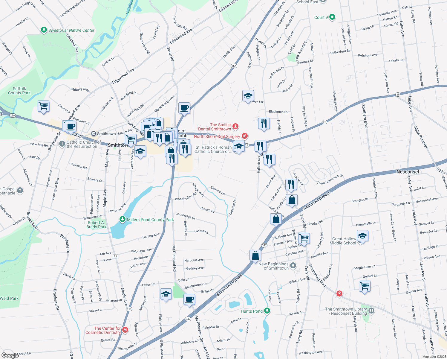 map of restaurants, bars, coffee shops, grocery stores, and more near 18 Hemlock Lane in Smithtown