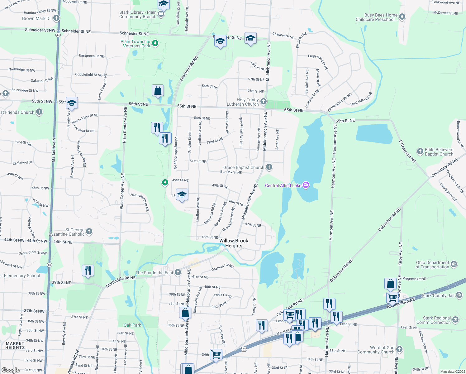 map of restaurants, bars, coffee shops, grocery stores, and more near 2419 49th Street Northeast in Canton