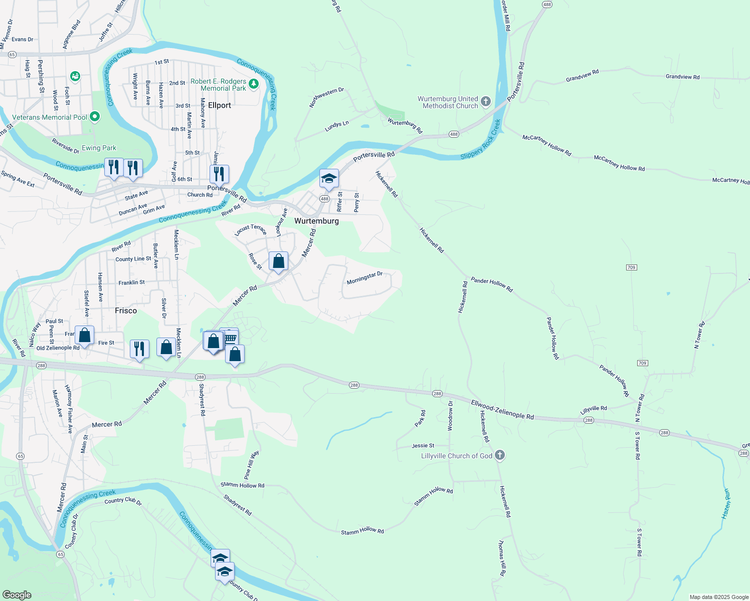 map of restaurants, bars, coffee shops, grocery stores, and more near 639 Morningstar Dr in Ellwood City