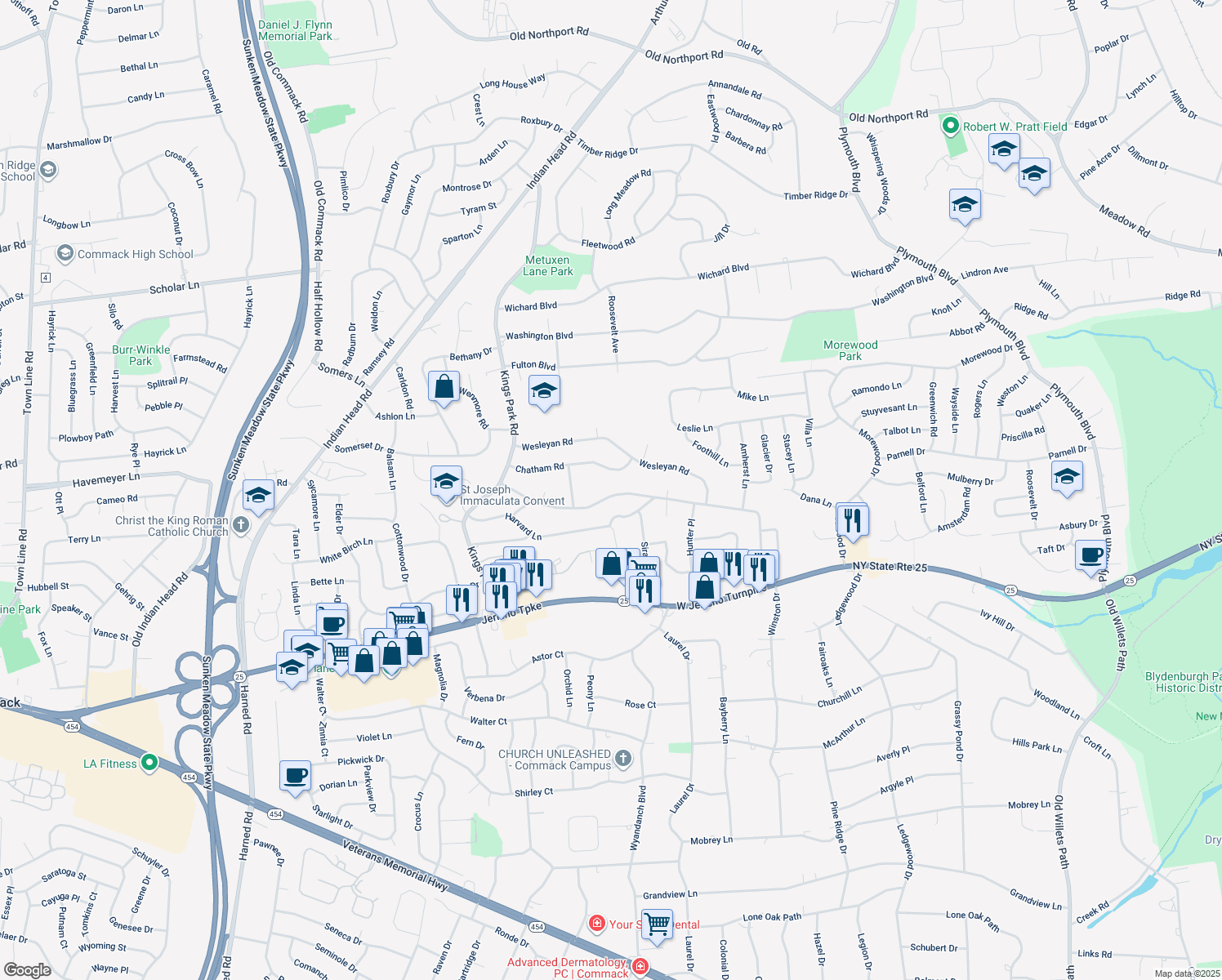 map of restaurants, bars, coffee shops, grocery stores, and more near 119 Cornell Drive in Commack