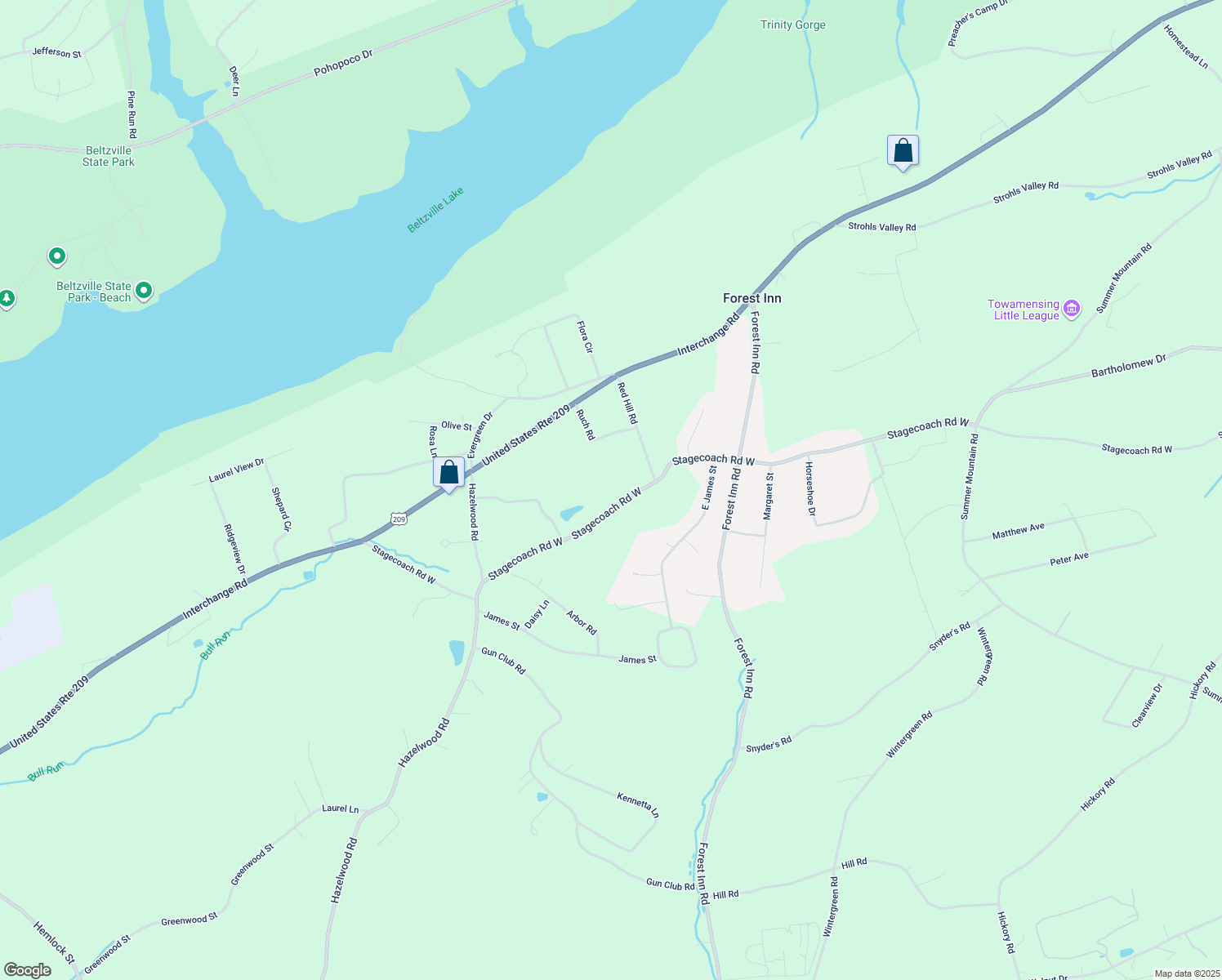 map of restaurants, bars, coffee shops, grocery stores, and more near 825 Stagecoach Road West in Lehighton