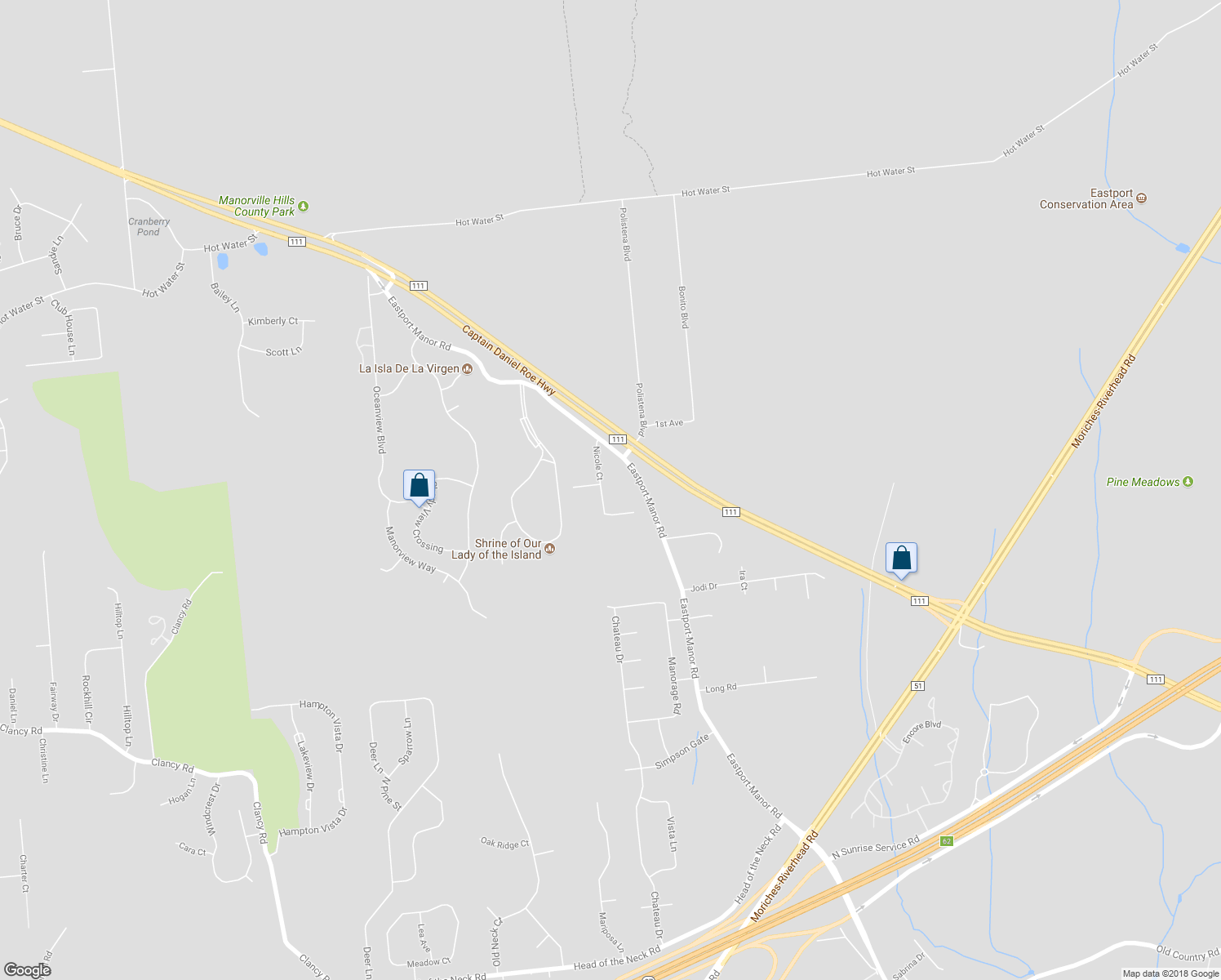 map of restaurants, bars, coffee shops, grocery stores, and more near 7 Nicole Court in Manorville