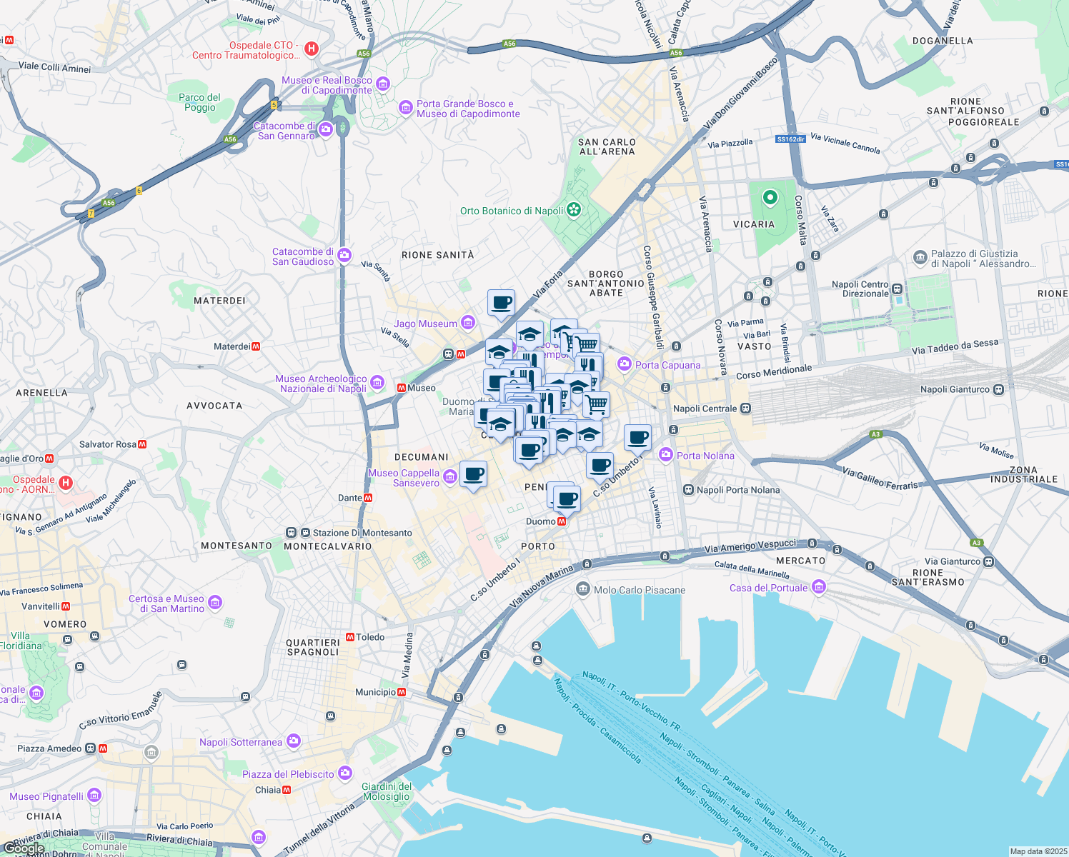 map of restaurants, bars, coffee shops, grocery stores, and more near 138 Via dei Tribunali in Napoli
