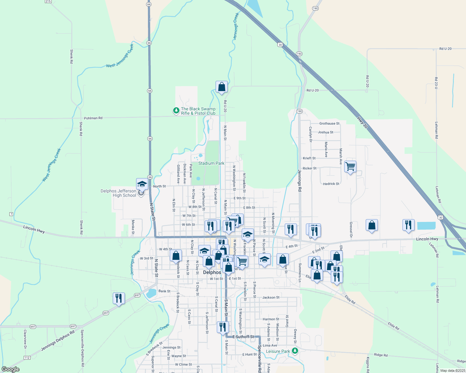 map of restaurants, bars, coffee shops, grocery stores, and more near 1000 N Washington St in Delphos