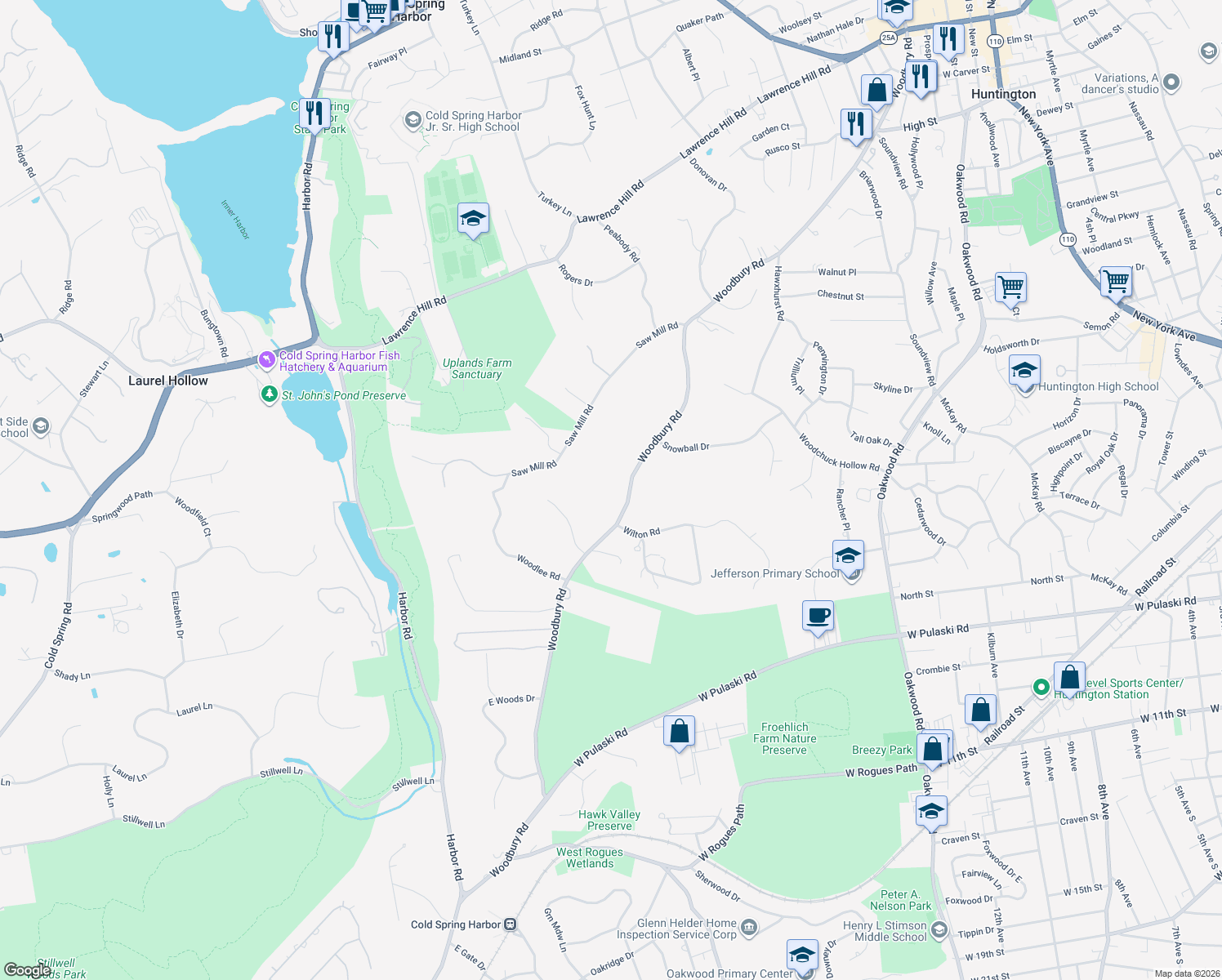 map of restaurants, bars, coffee shops, grocery stores, and more near 437 Woodbury Rd in Cold Spring Harbor