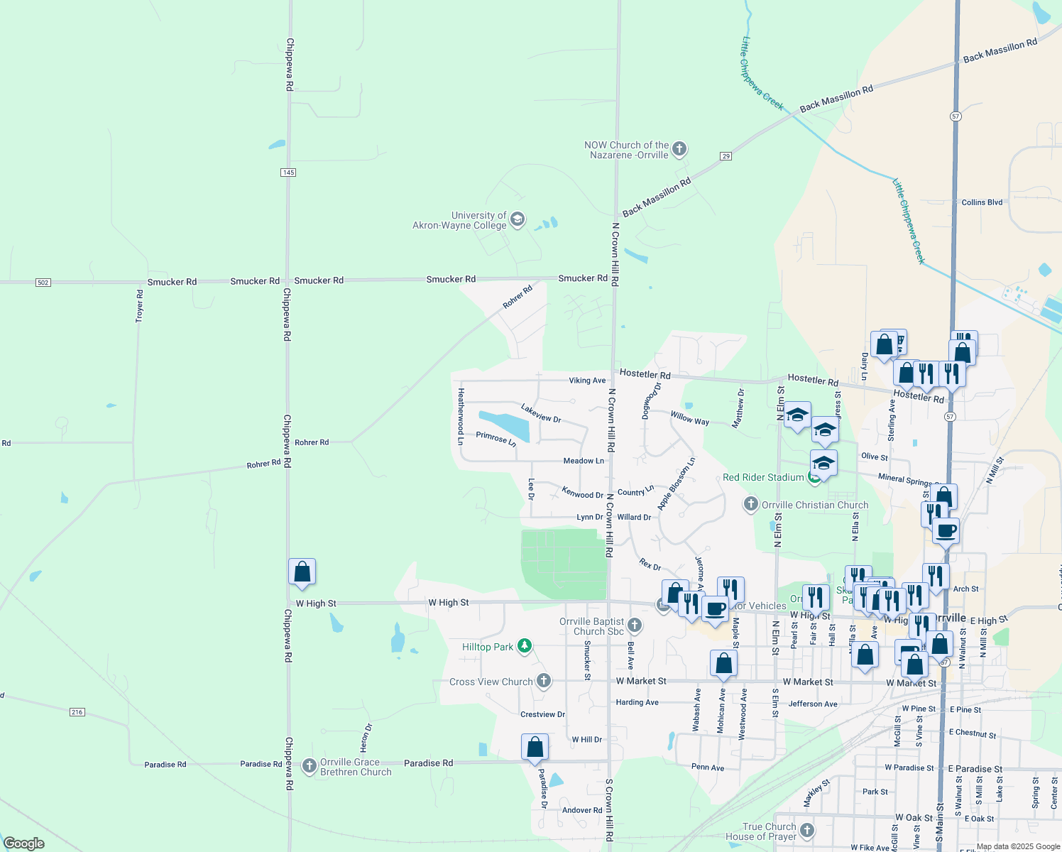 map of restaurants, bars, coffee shops, grocery stores, and more near 1900 Cloveridge Dr in Orrville