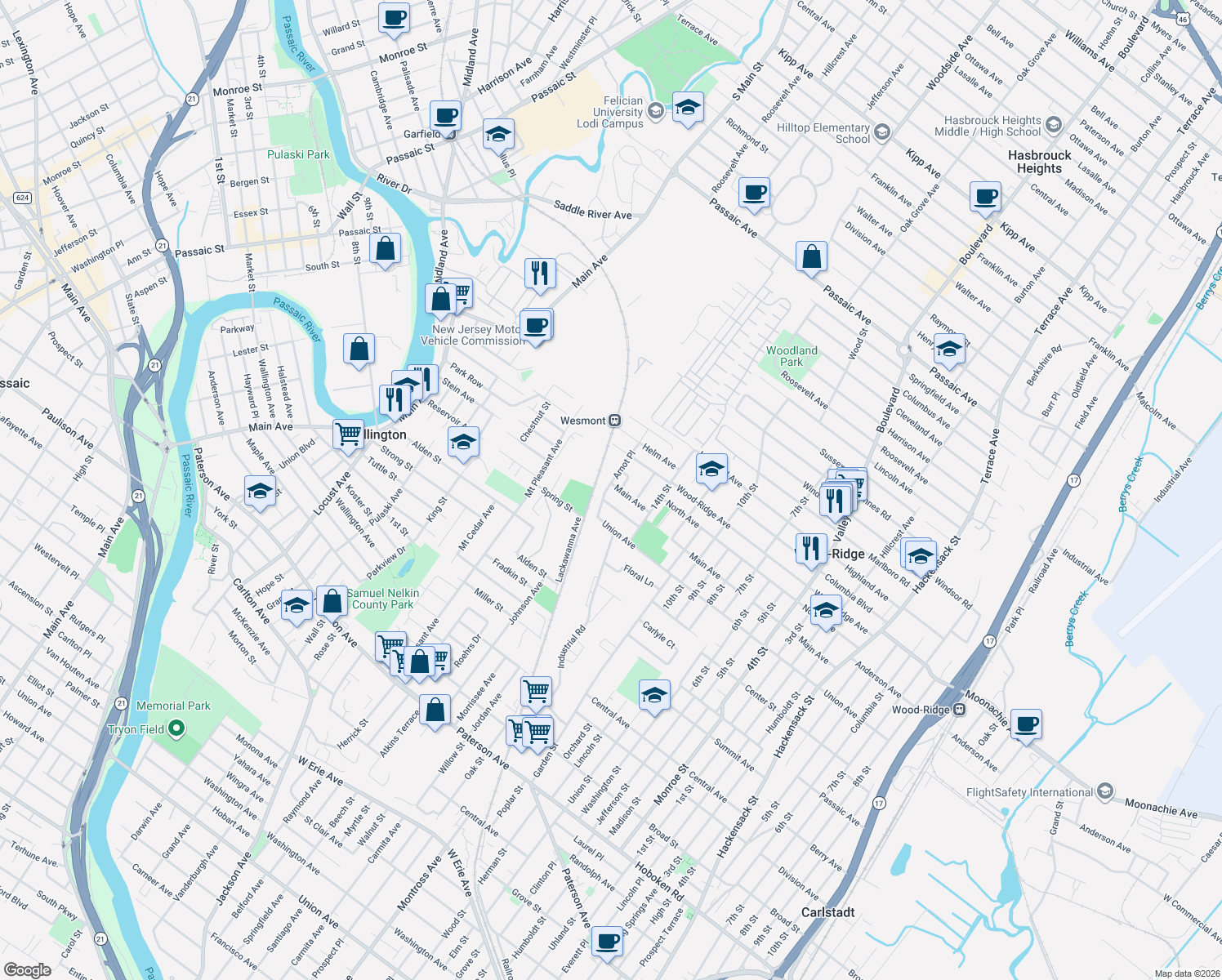 map of restaurants, bars, coffee shops, grocery stores, and more near 154 Main Ave in Wood-Ridge
