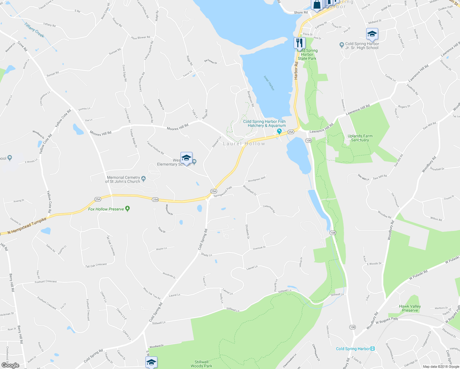 map of restaurants, bars, coffee shops, grocery stores, and more near 11 Springwood Path in Syosset