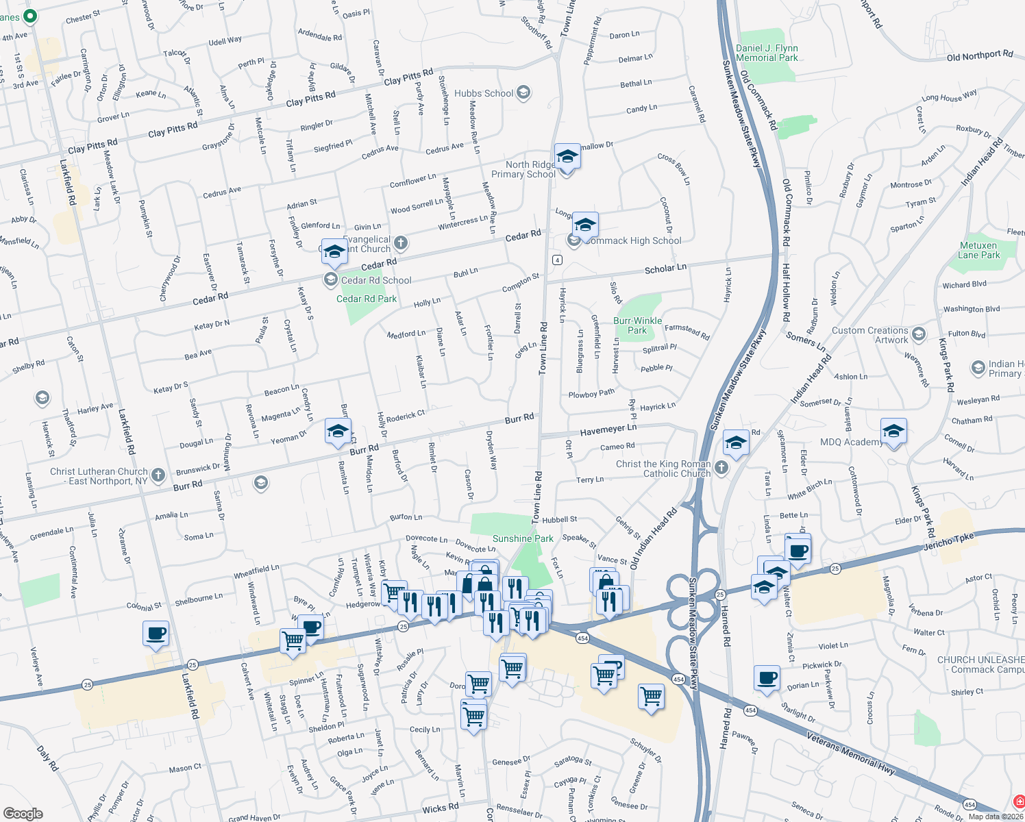 map of restaurants, bars, coffee shops, grocery stores, and more near 23 Greg Lane in East Northport