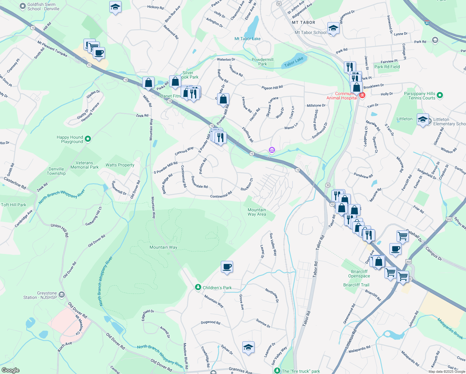 map of restaurants, bars, coffee shops, grocery stores, and more near 209 Patriots Road in Morris Plains