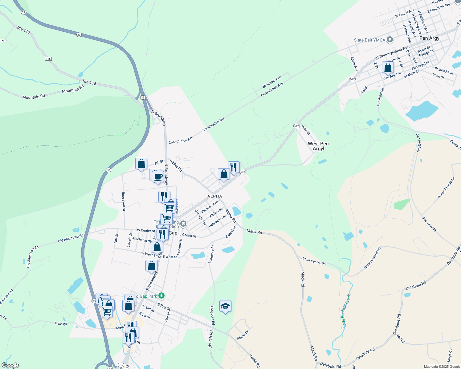 map of restaurants, bars, coffee shops, grocery stores, and more near 537 North Lehigh Avenue in Wind Gap