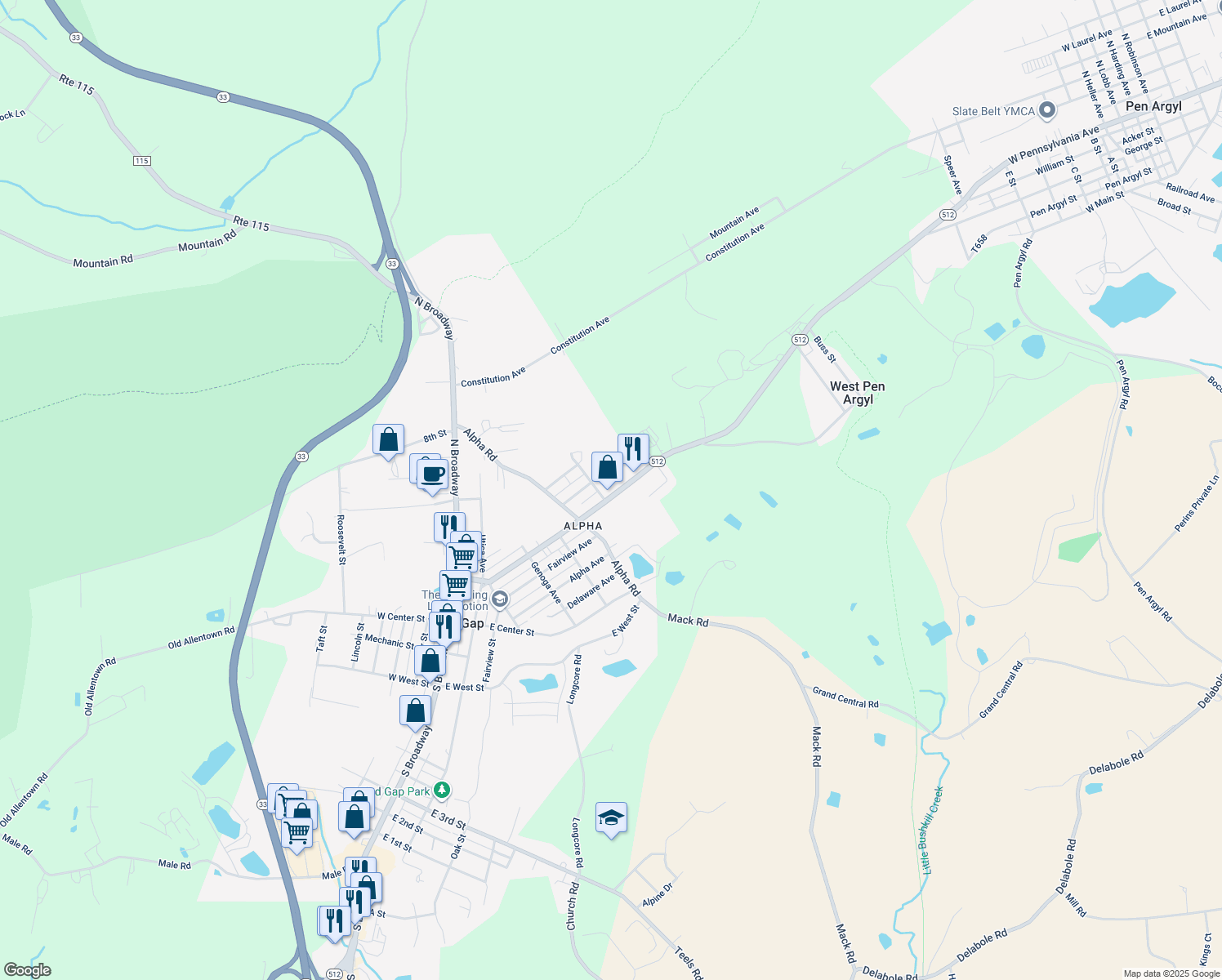 map of restaurants, bars, coffee shops, grocery stores, and more near 520 North Lehigh Avenue in Wind Gap