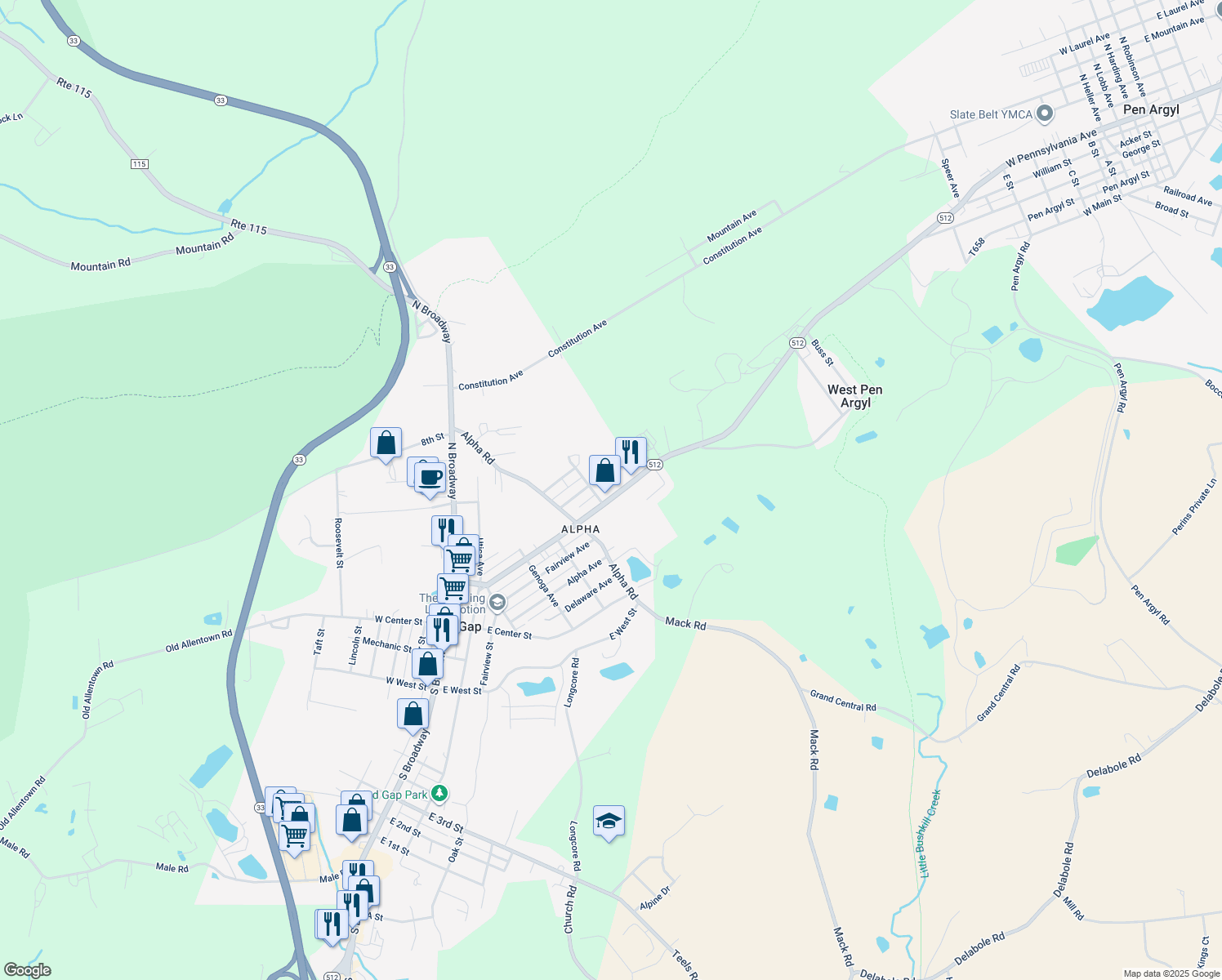map of restaurants, bars, coffee shops, grocery stores, and more near 526 North Lehigh Avenue in Wind Gap