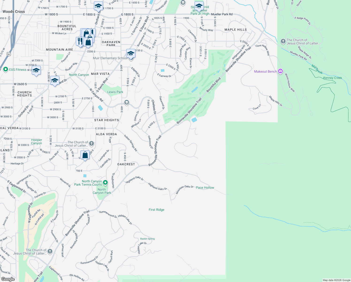 map of restaurants, bars, coffee shops, grocery stores, and more near 3252 Sunset Hollow Drive in Bountiful
