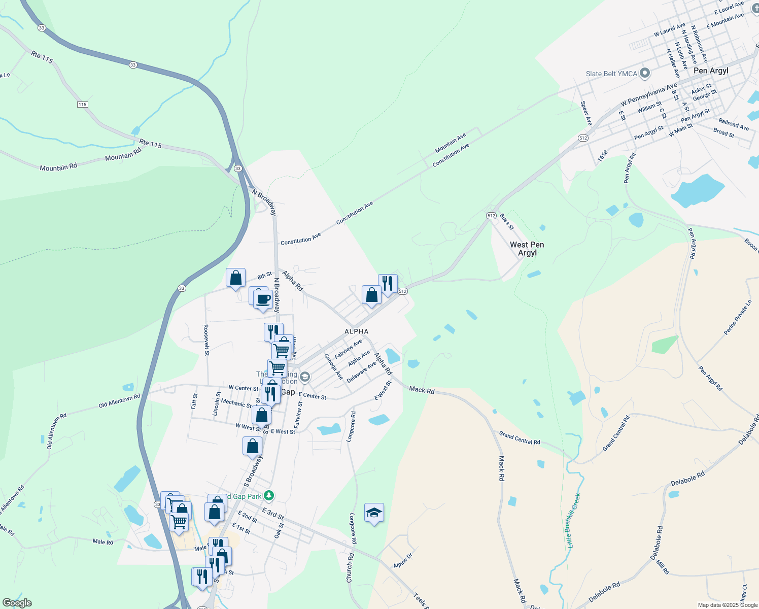 map of restaurants, bars, coffee shops, grocery stores, and more near 532 North Lehigh Avenue in Wind Gap