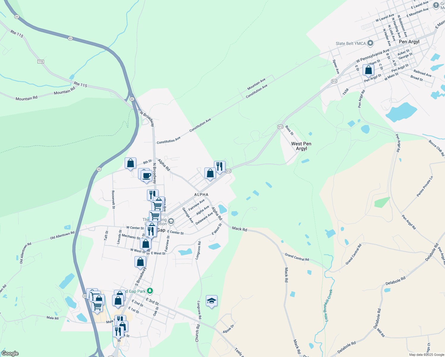 map of restaurants, bars, coffee shops, grocery stores, and more near 571 North Lehigh Avenue in Wind Gap
