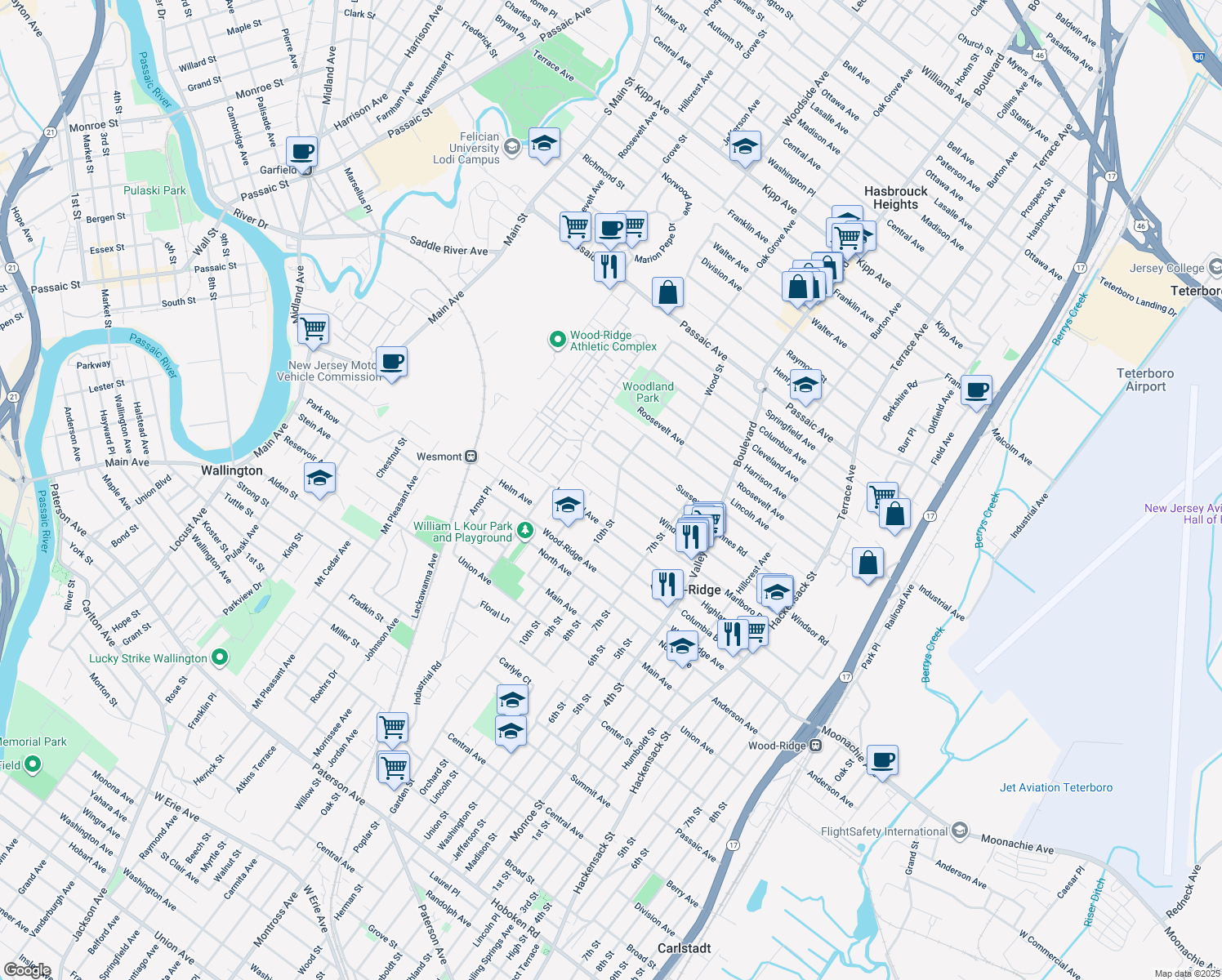 map of restaurants, bars, coffee shops, grocery stores, and more near 266 Windsor Road in Wood-Ridge