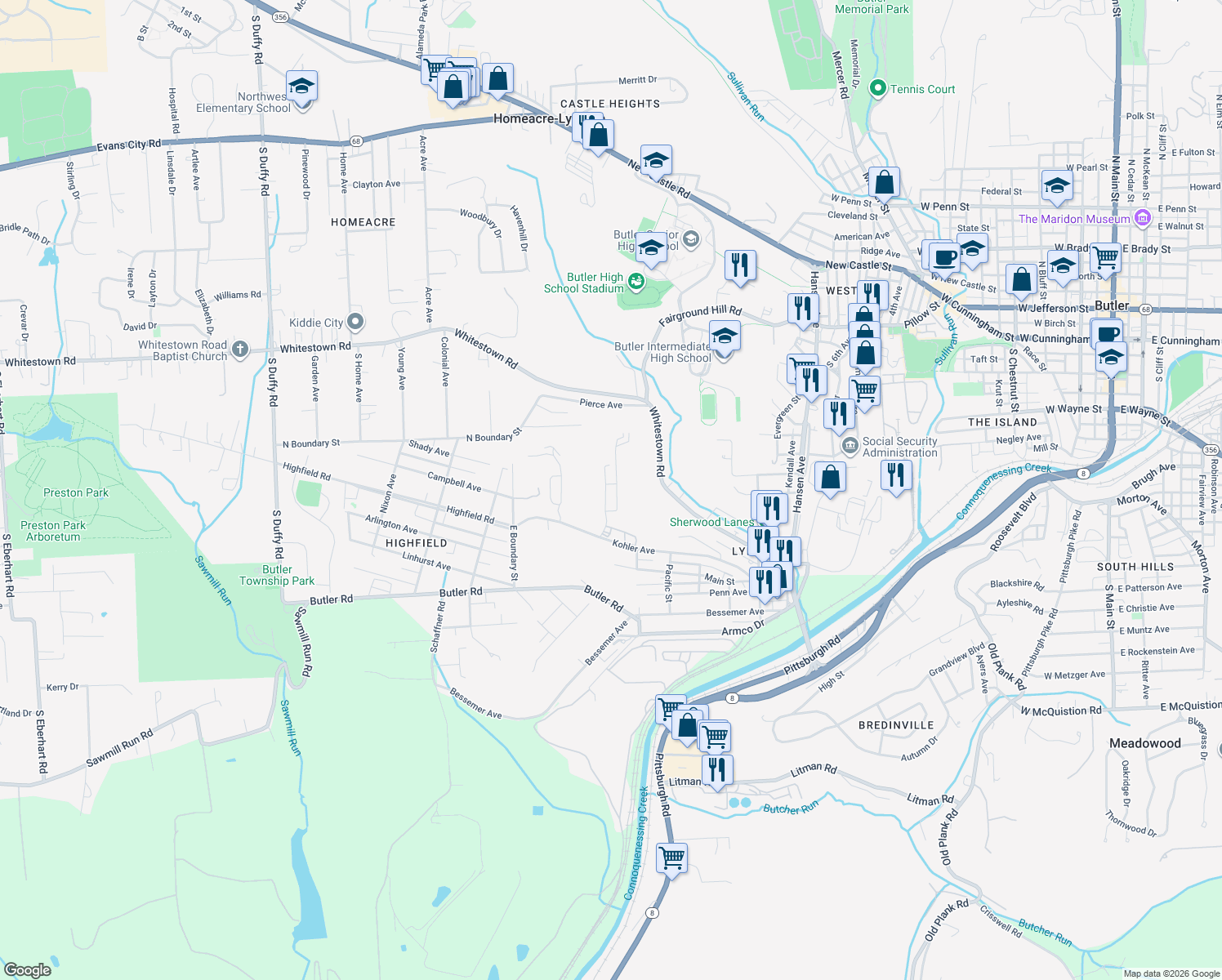 map of restaurants, bars, coffee shops, grocery stores, and more near 117 Rothen Avenue in Butler