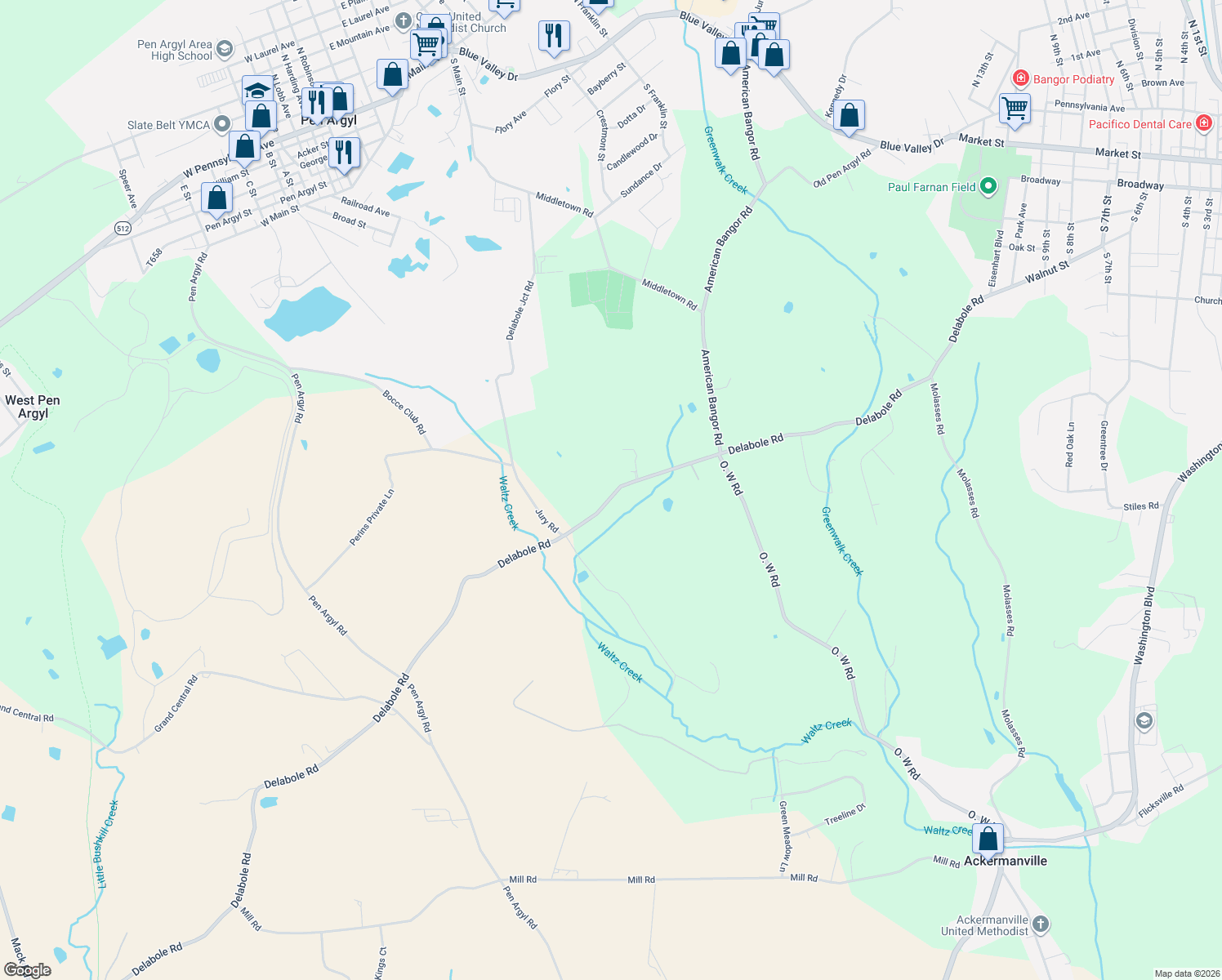 map of restaurants, bars, coffee shops, grocery stores, and more near 2053 Delabole Rd in Pen Argyl