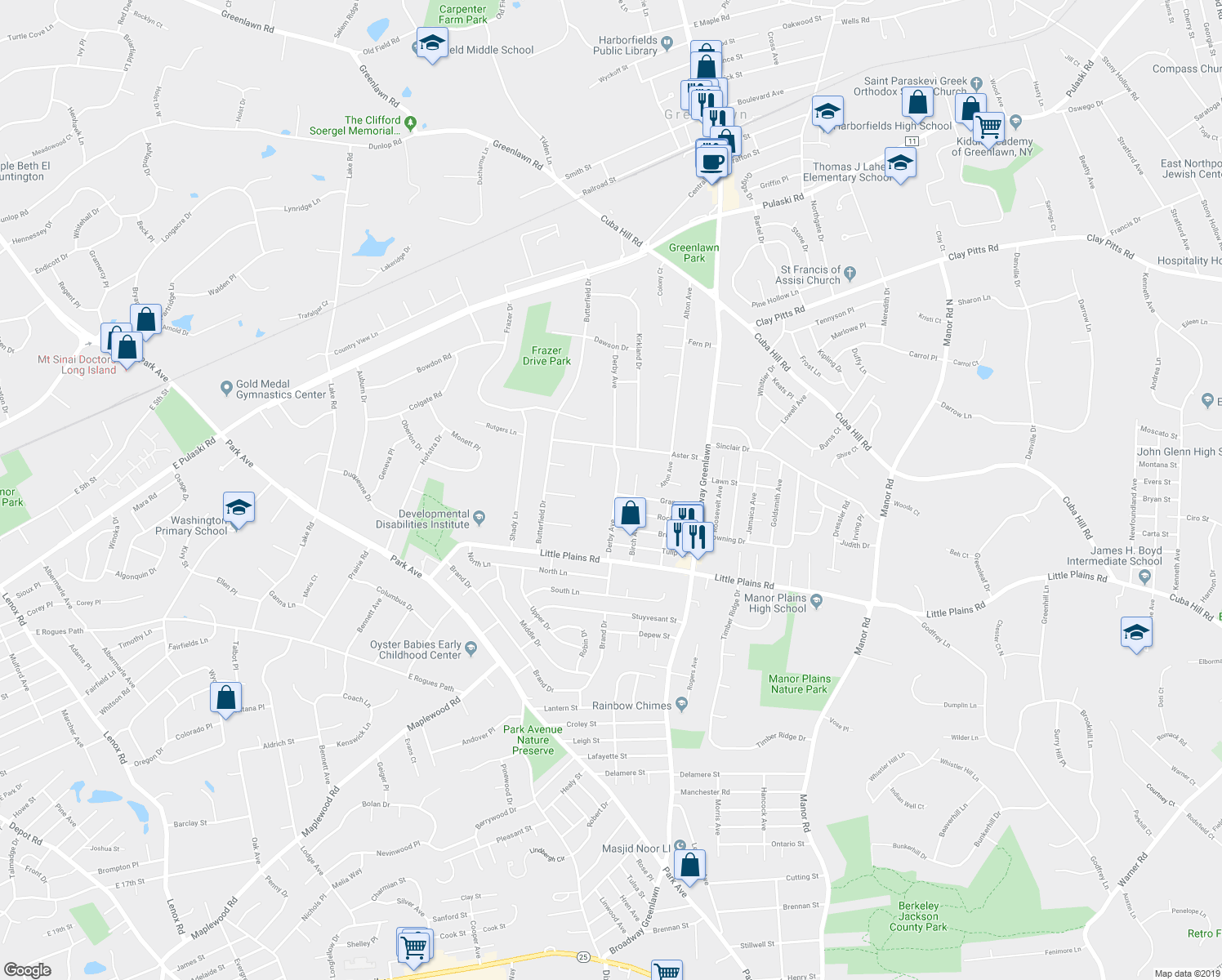 map of restaurants, bars, coffee shops, grocery stores, and more near 41 Derby Avenue in Greenlawn