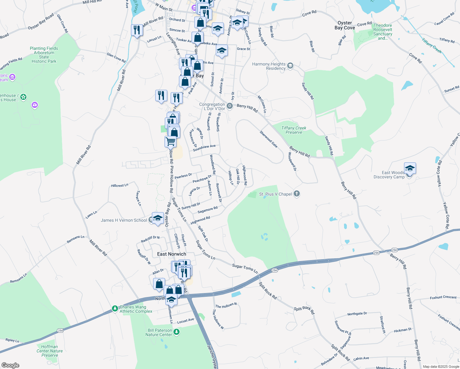 map of restaurants, bars, coffee shops, grocery stores, and more near 14 Hilltop Lane in Oyster Bay