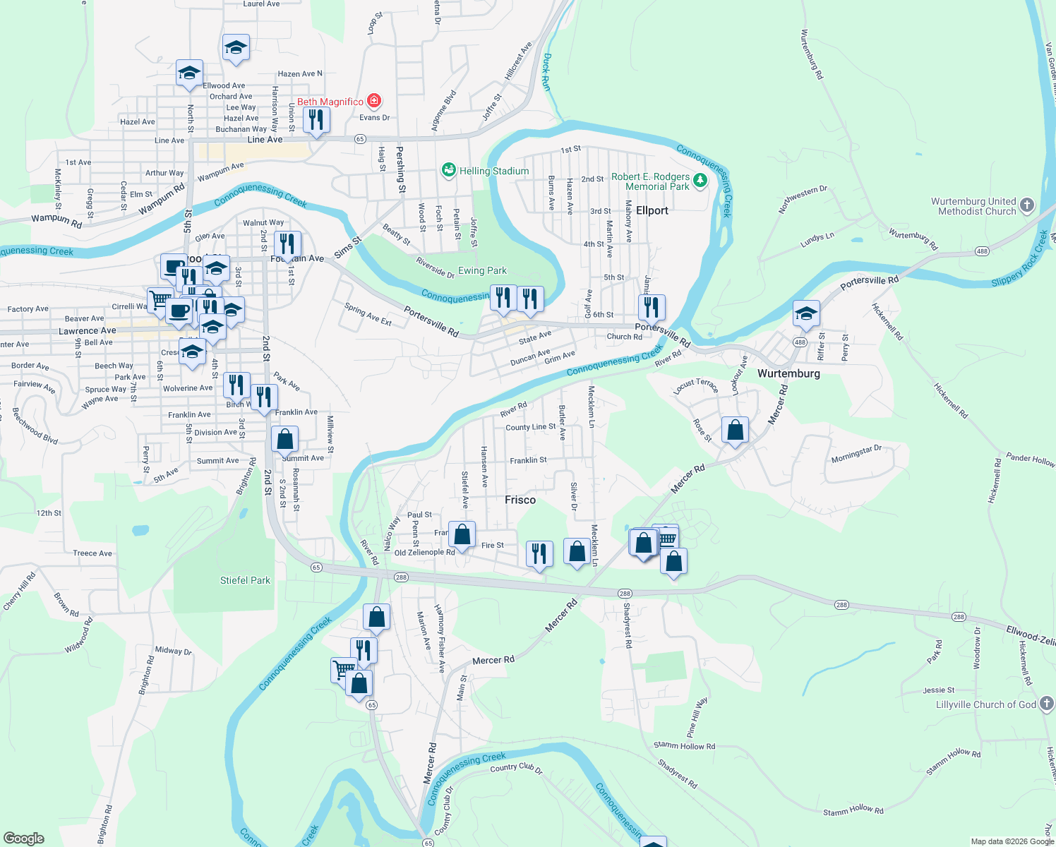 map of restaurants, bars, coffee shops, grocery stores, and more near 297 Knox Avenue in Ellwood City