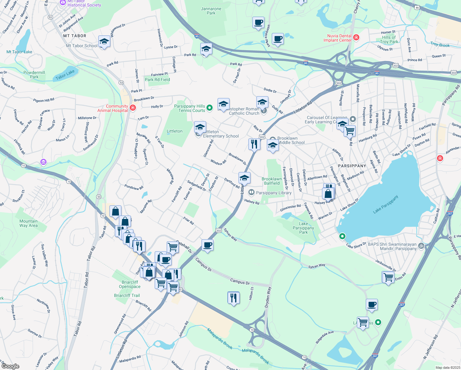 map of restaurants, bars, coffee shops, grocery stores, and more near 1 Abingdon Street in Morris Plains