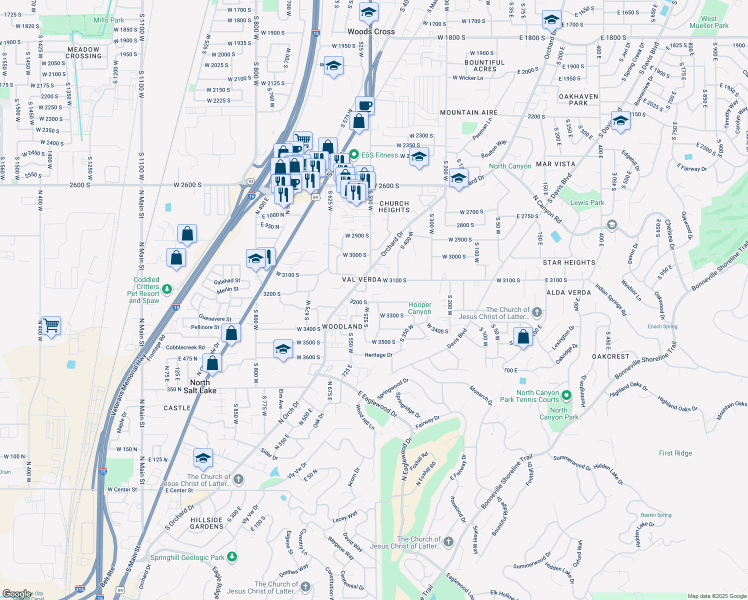 map of restaurants, bars, coffee shops, grocery stores, and more near 3183 South 500 West in Bountiful