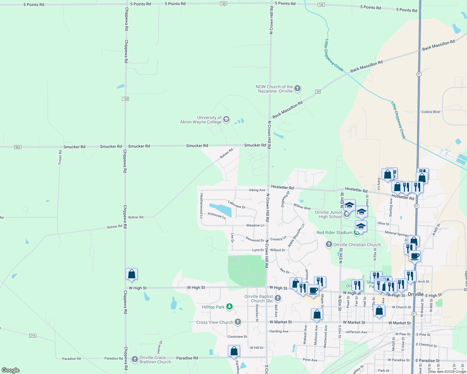 map of restaurants, bars, coffee shops, grocery stores, and more near 1905 Viking Ave in Orrville