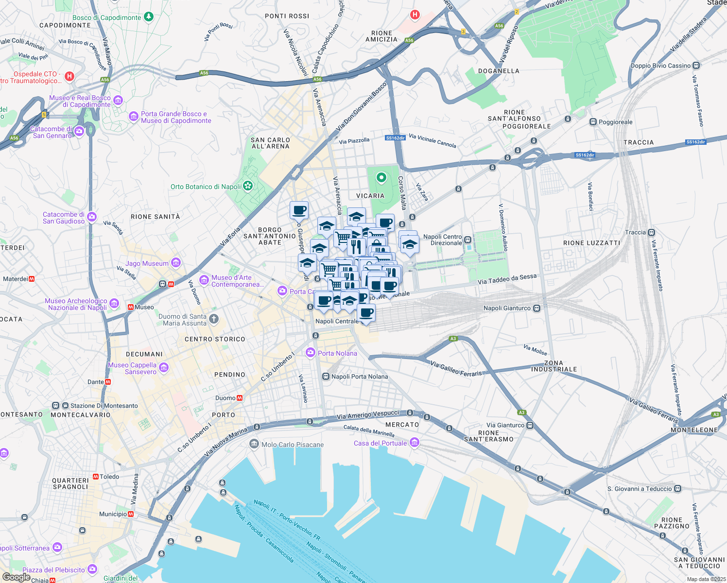 map of restaurants, bars, coffee shops, grocery stores, and more near 17 Via Ferrara in Napoli