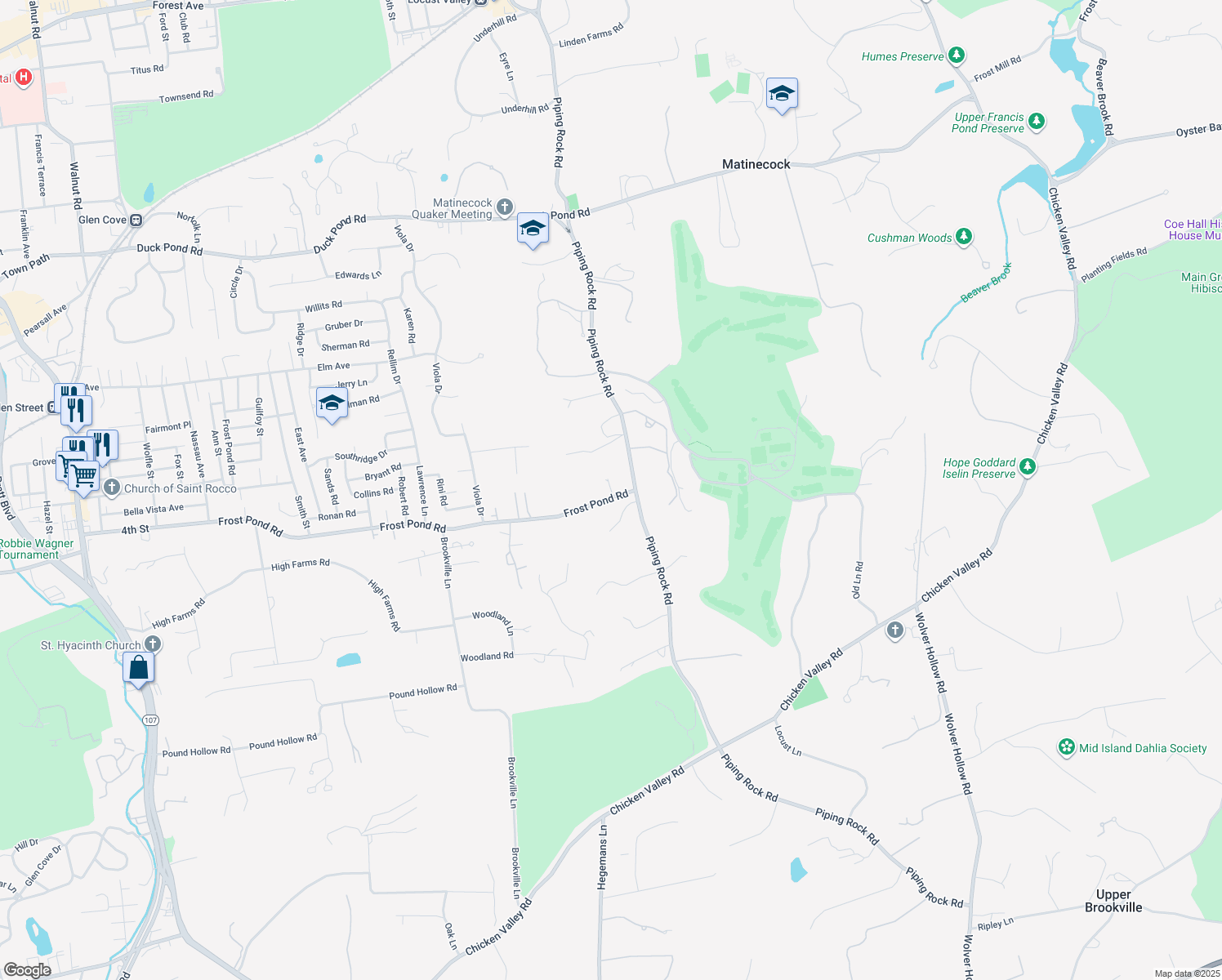 map of restaurants, bars, coffee shops, grocery stores, and more near Caruso Lane in Glen Head