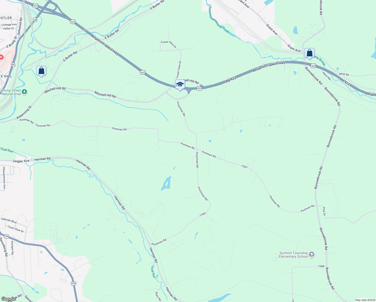 map of restaurants, bars, coffee shops, grocery stores, and more near 370 Portman Road in Butler